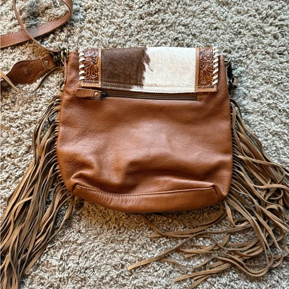 Brown and White Cowhide Fringe Crossbody Myra Bag - Picture 7 of 8